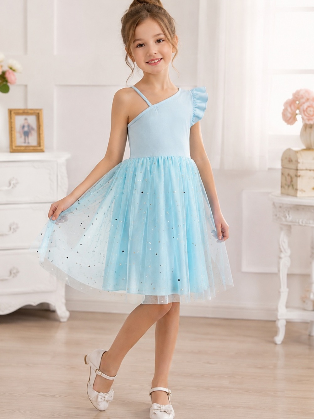 Arshiner Girls Blue One Shoulder Dance Dress Tulle Stars Size 6 NWT